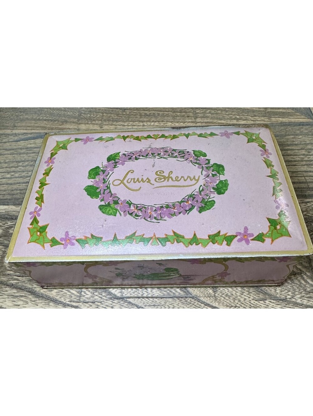 Vintage Louis Sherry New York Pink Violet Floral Hinged Tin Box Candy 8 x 5